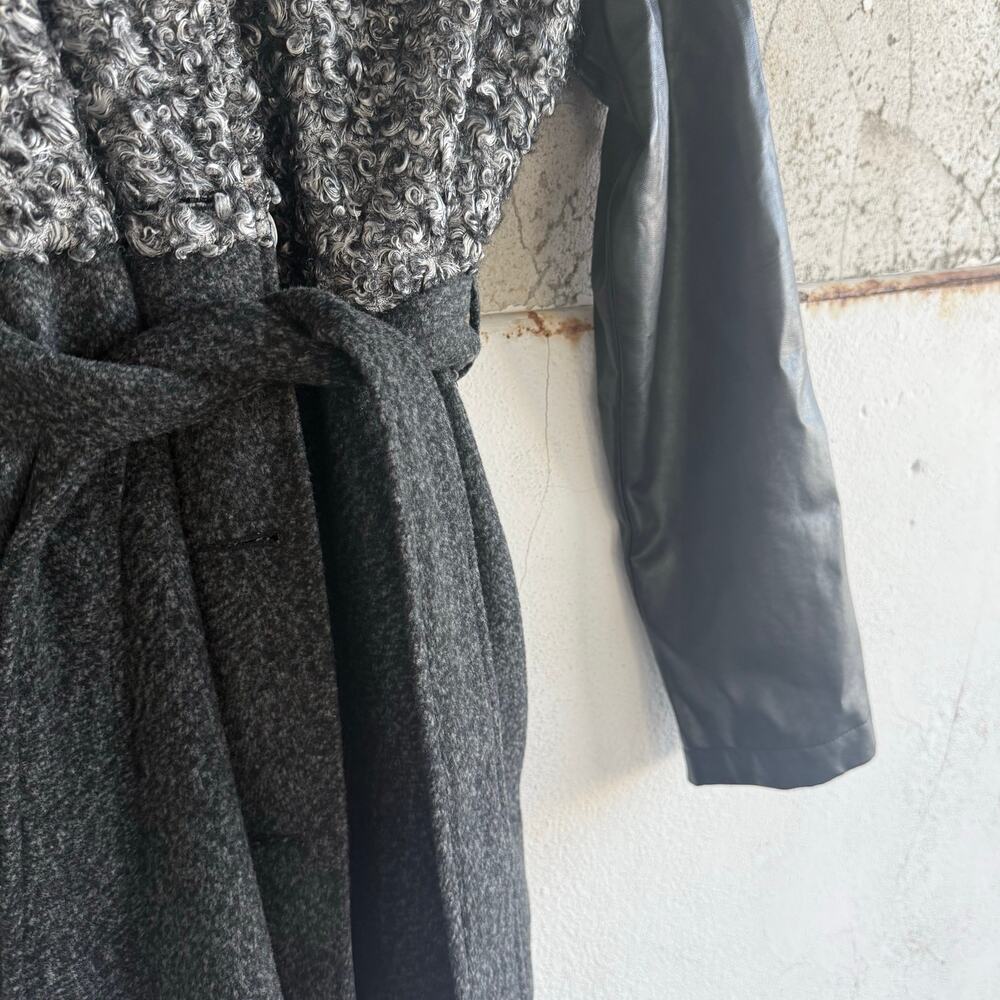 Vtg 90s Belted Coat Long Faux Leather Sleeves Boucle Knit Jacket Womens M USA - Picture 3 of 11
